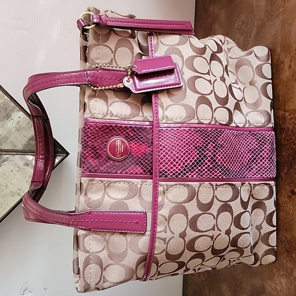 Coach signature Python Stripe Raspberry Tote - Picture 3 of 10